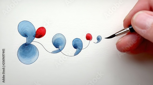 Creative Hand Illustrating Blue and Red Spirals with Brush