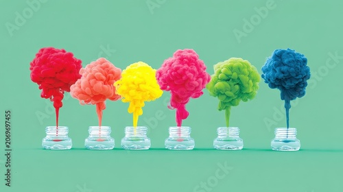 Vibrant Colored Smoke Plumes Rising from Glass Jars on Green Background