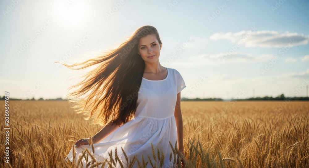 Obraz premium Young woman with flowing hair in golden wheat field at sunset