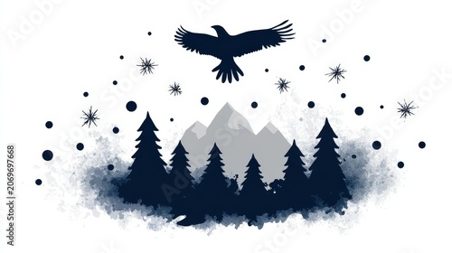 Majestic Hawk Soars Above Serene Mountain Landscape in Winter Scene