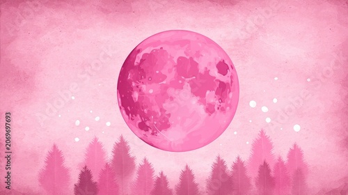 Vibrant Pink Moon Over Silhouetted Forest Landscape at Night