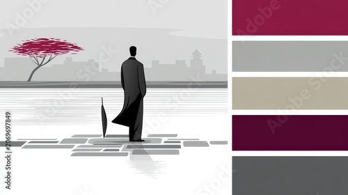 Elegant Silhouette of Man Walking by a Water Body in Minimalist Art