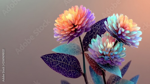 Vibrant Digital Flowers with Colorful Petals and Textured Leaves