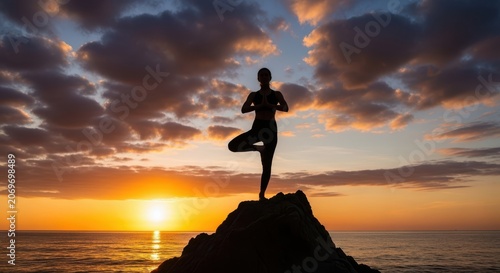 Silhouette of a woman practicing yoga on a rock at sunset with vibrant sky