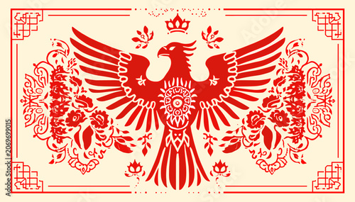 Foto Red crowned eagle emblem with outstretched wings, surrounded by intricate floral patterns and decorative border on a light background