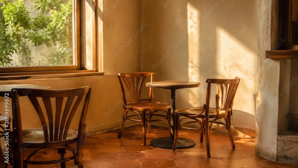 Fototapeta premium Warm Sunlit Empty Cafe Interior With Wooden Chairs