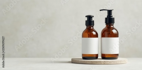 Brown glass spa bottles, white labels, concrete Minimalist beauty product mockup , bottle, salon, beauty