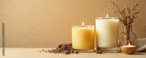 Handcrafted paraffin & soy candles, wooden wicks, dried herbs Glass vessels, beige background , minimalist, spa