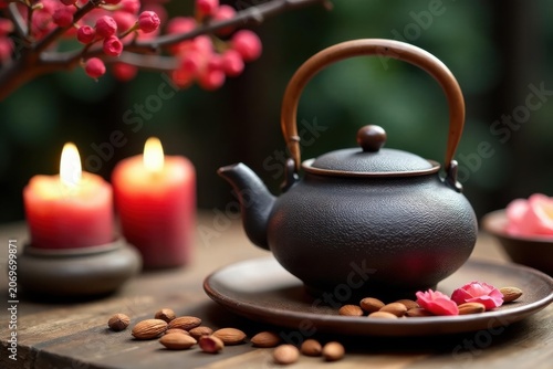 Iron teapot, blooming almond, rose buds, candles, wooden table, tea ceremony , warm, natural