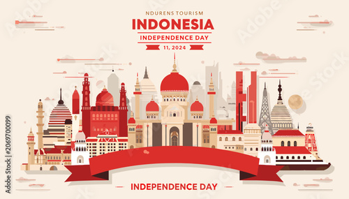 Fotografie Illustration of Indonesian landmarks and cityscape celebrating Independence Day with red and white motifs