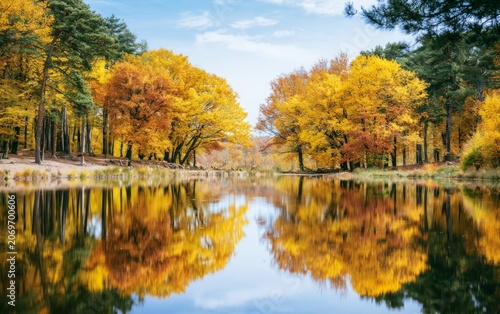 Serene Autumn Landscape with Vibrant Yellow Trees and Calm Reflection on Lakeside Water Surface