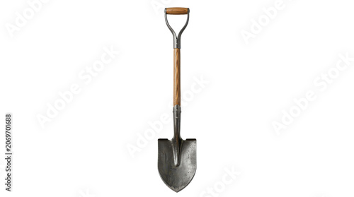 A sturdy garden shovel with wooden handle on a white background