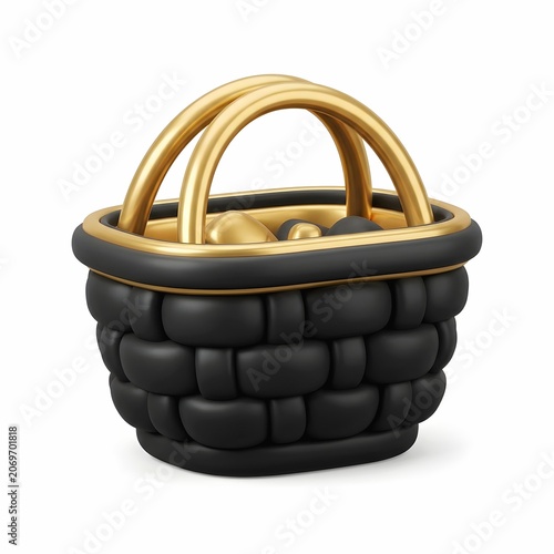 Elegant 3D Black and Gold Picnic Basket Isolated on White Background