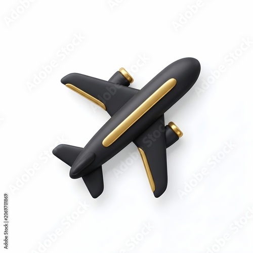 Sleek 3D Black Airplane with Gold Accents Isolated on White Background