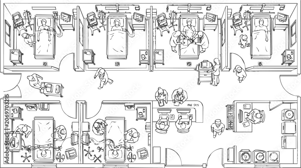 Obraz premium Architectural sketch of a hospital floor plan and medical ward layout showing patient rooms, healthcare layout design, and clinical facility staff.