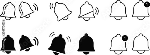 Notification bell vector icons set with alarm alert and unread message badge for interface UI design