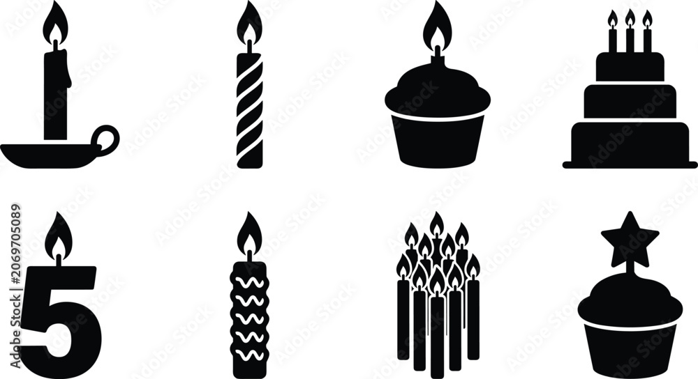 Naklejka premium Set of black and white candle and cake icons for birthday celebrations and party designs