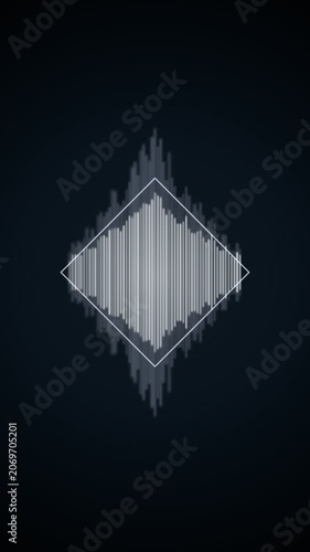 White audio waveform graphic inside a thin diamond frame, vertical linear sound spectrum visualization, minimal geometric line art on a dark gray .