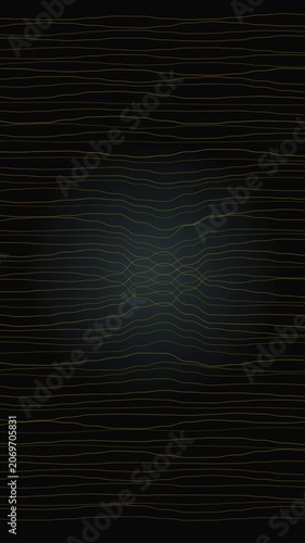 Dark abstract graphic featuring horizontal wavy golden lines creating a central ripple pattern, minimalist design elements, modern template for tech or web layouts.