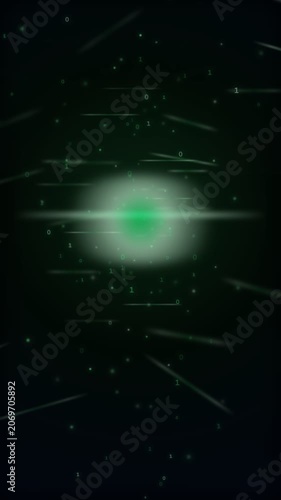 Green binary code particles flowing through dark space, abstract glowing light streaks with zeros and ones, matrix data stream, computer code visualization.