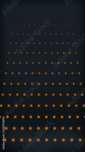 Glowing orange dots arranged in a widening pyramid pattern on a dark grey surface, minimalist geometric grid design, abstract retro style.