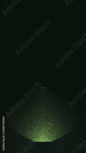 Glowing green dotted diamond shape with perspective lines, creating a geometric pattern of light points in darkness, abstract symbol for data visualization.
