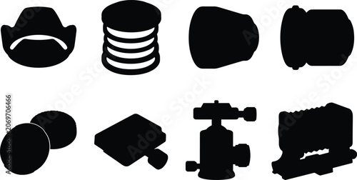 Set of black silhouettes of photography equipment, camera accessories, lenses, and support gear icons