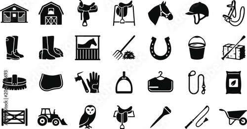 Bild auf Leinwand Equestrian and horse stable equipment silhouette icon set