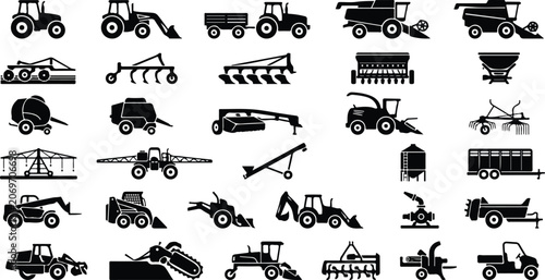 Schilderij op canvas Agricultural machinery and farming equipment silhouette icon set