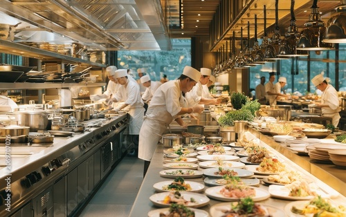 Professional chefs coordinating meal preparation in a modern kitchen setting with a vibrant culinary atmosphere