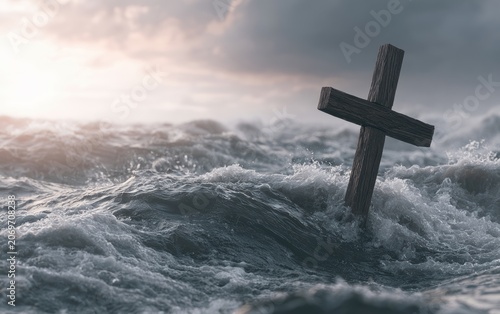 Cross Stands Resilient in Turbulent Ocean Waves Symbolizing Faith and Hope Amidst Life's Storms