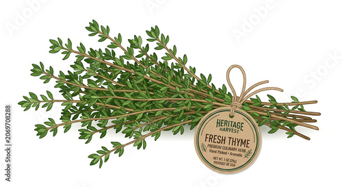 Fresh thyme sprigs tied with twine on a round tag during a studio shoot
