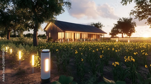 Modern farmhouse exterior surrounded by a vibrant yellow flower garden at sunset with soft glowing path lighting and trees