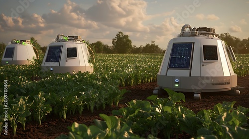 Autonomous agricultural robots working in a vast green vegetable field during a beautiful sunset with modern digital display screens attached