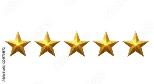 Five shiny golden stars for rating and review isolated on transparent background