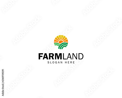 Farmland landscape logo design. Abstract Farm food badge vector design with Sun and leaf graphic icon symbol
