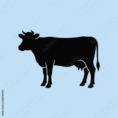 A black cow silhouette stands on a blue background