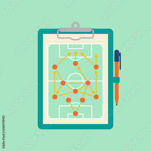 Soccer tactical strategy board with a pen on green background