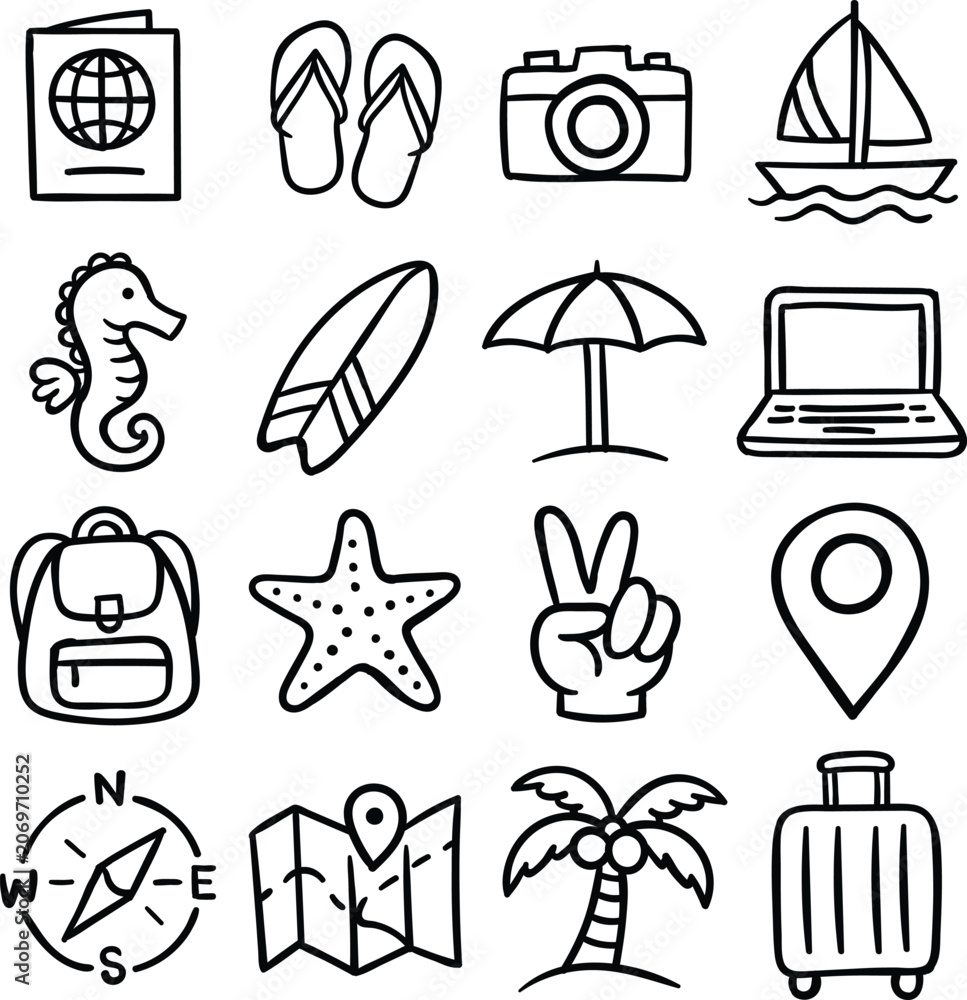 Fototapeta premium Hand drawn travel icons for summer vacation holiday beach trips and outdoor adventures