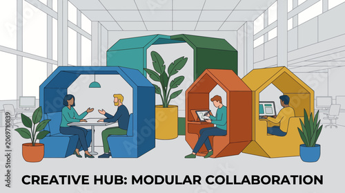 Konstfotografi Team Collaboration in Creative Modular Office Hub with Indoor Plants and Bright