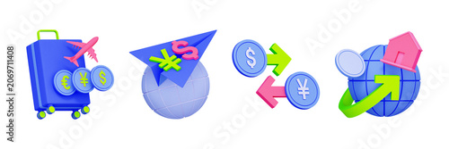 Konstfotografi 3D illustration of travel suitcase and paper plane with multi currency coins for international remittance, travel expense, cross border payment, money transfer, and global trading