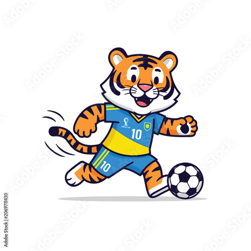 Cute Tiger Mascot Playing Football World Cup Flat Vector Illustration