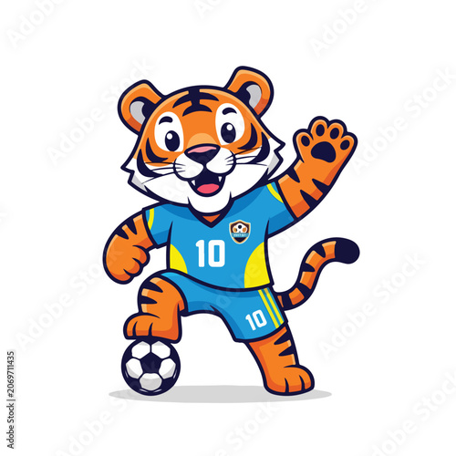Cute Tiger Mascot Playing Football World Cup Flat Vector Illustration