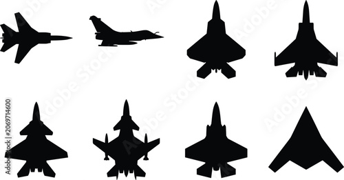 Tableau sur toile Modern Fighter Jet Silhouette Collection with Military Aircraft Top and Side Vie
