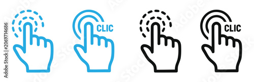 Click hand icons with wifi signal and clic text in blue and black vector illustration .