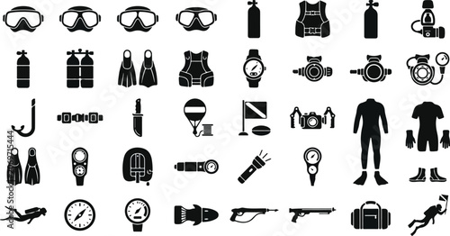 Foto Scuba diving and snorkeling equipment icons set for underwater sports