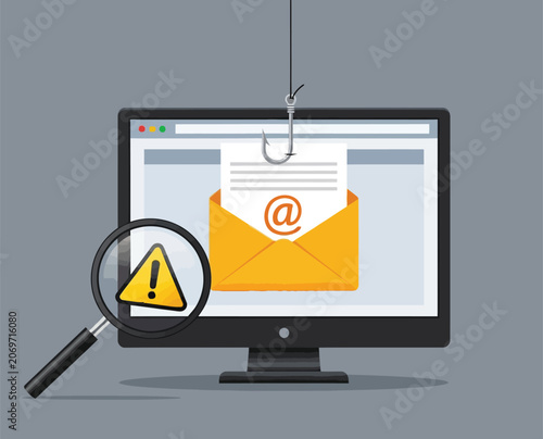 Quadro su tela Computer monitor screen with email on fishing hook and warning sign in front, concept of internet phishing or email scamming attempt