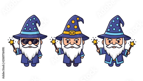 Three cute cartoon wizards with magic wands and stars, one wearing sunglasses.