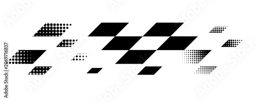 Minimal black and white checkered racing motion stripe, simplified motorsport flag squares fading forward, clean speed accent element for car branding, race posters, esports graphics