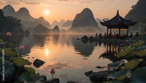 Serene traditional pavilion by a calm lake at sunset with mountains